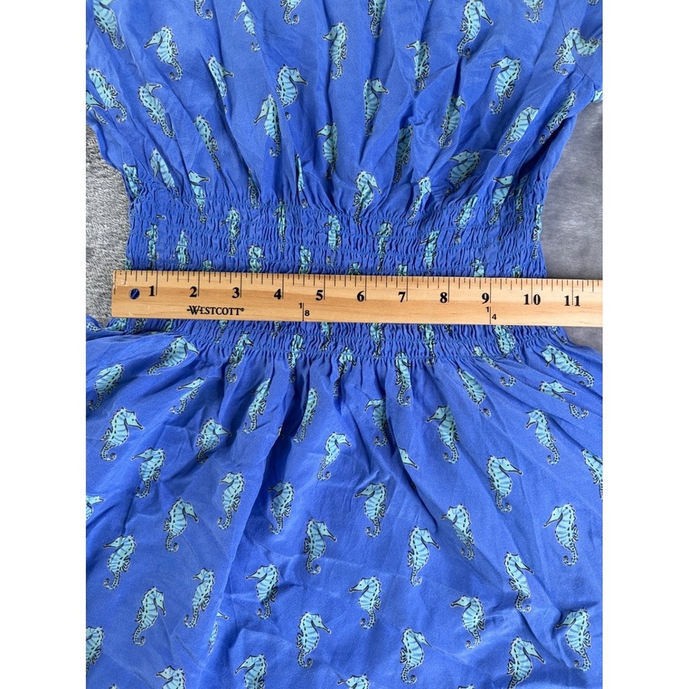 Kate Spade Seahorse Print Silk Dress Womens XXS Blue Smocked Waist Fit & Flare - Picture 2 of 8